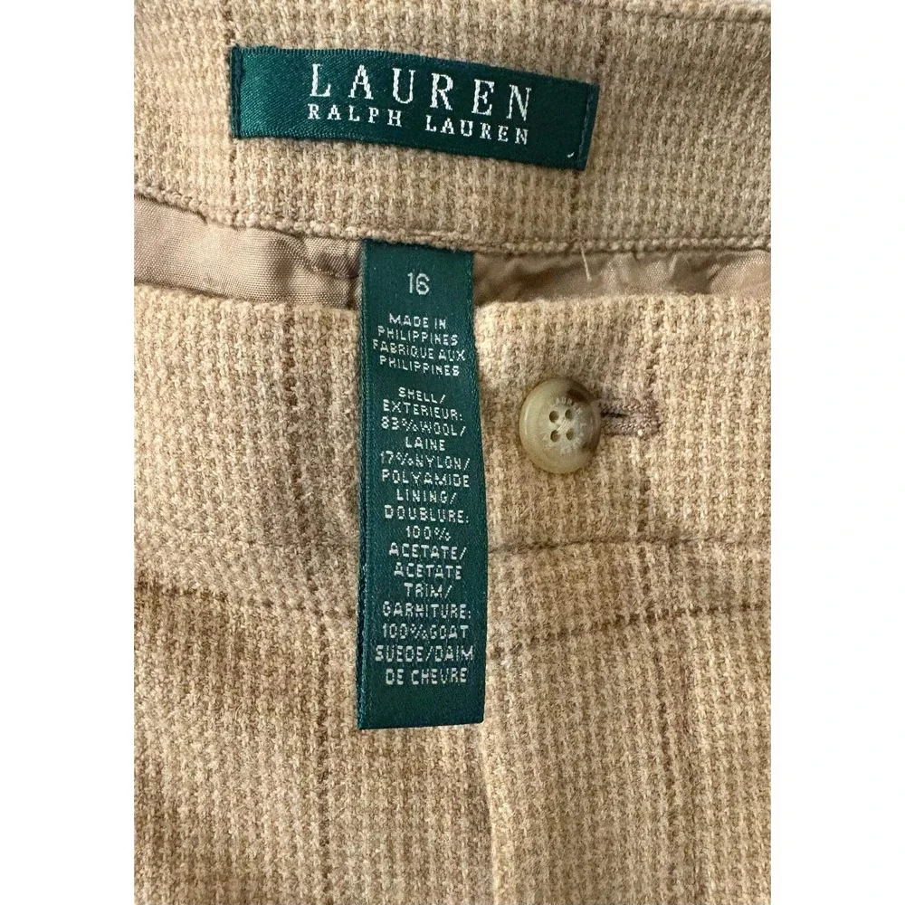Lauren Ralph Lauren Tan Wool‎ Plaid Pencil Skirt Suede Trim Sz 16 NWT $189
